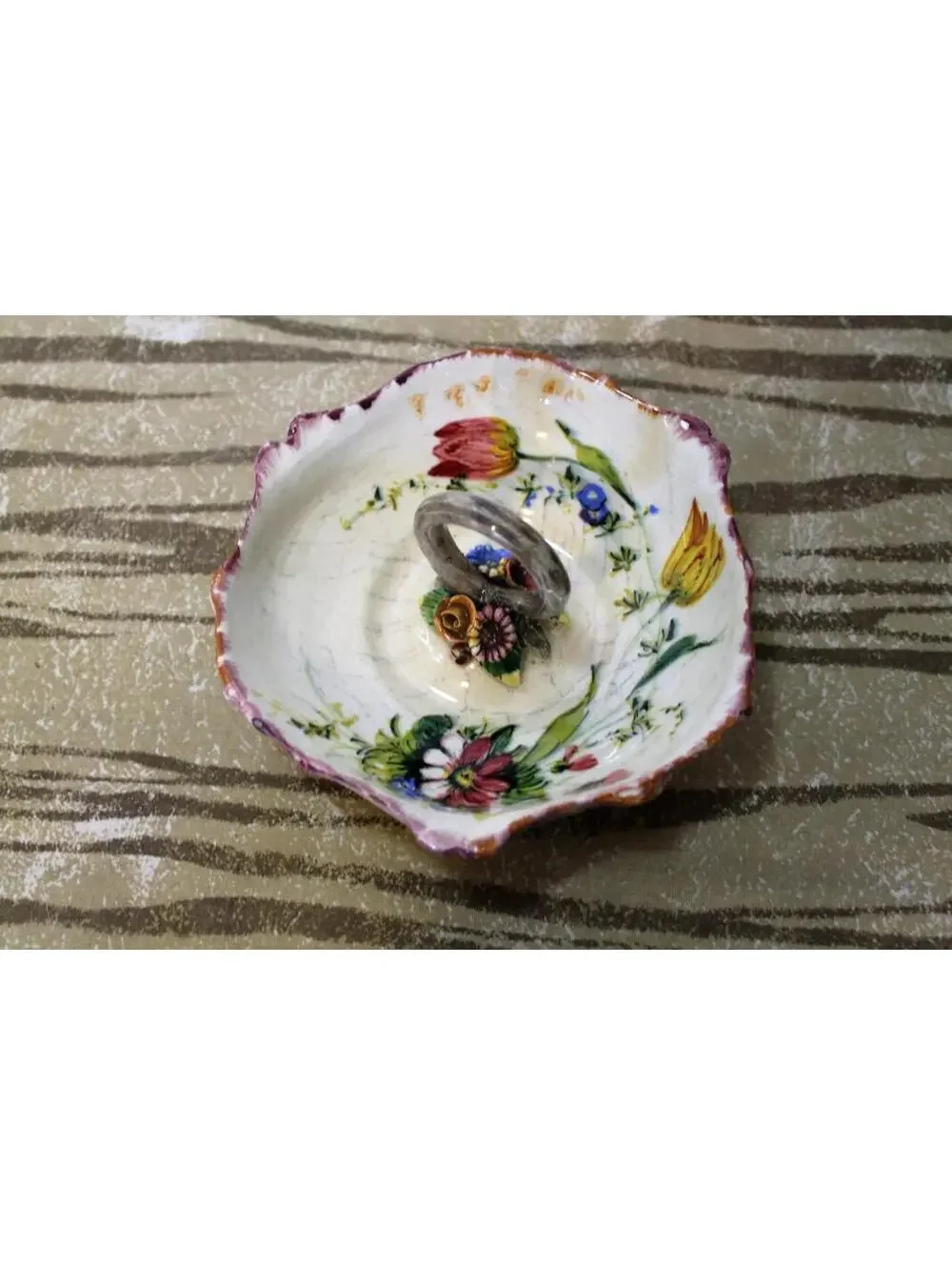 Antique Victorian Italian Majolica Relish Server, Handled Bowl, Colorful Flowers